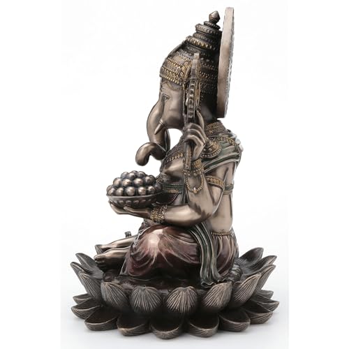Veronese Design 9 7/8 Inch Lord Ganesha Sitting on Lotus Hindu God Antique Bronze Finish Resin Statue