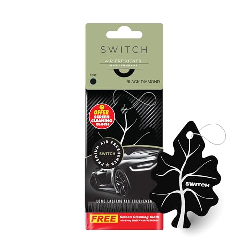 Image of SWITCH Car Air Freshener + Screen Cleaning Cloth Combo | Black Diamond Scent Car Perfumes Luxury Hanging | Long Lasting Aroma | Refreshing Smell | Car Accessories Interior (Pack of 1)