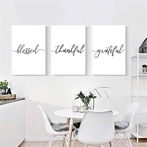 DOLUDO Black White Thankful Blessed Term Wall Art 3 Pieces Canvas Poster Print Quotes Grateful Life Quotes Painting Pictures for Living Room Home Decor Framework