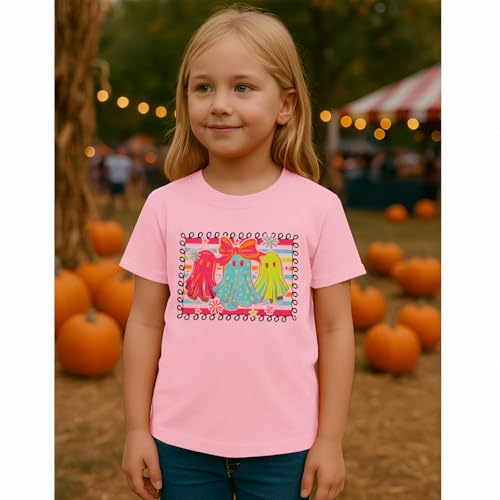 Girls Halloween Shirts Cute Neon Bow Ghost T-Shirt Kid Coquette Boo Tees Spooky Season Outfit Short Sleeve Fall Tops2