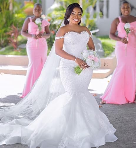 Plus Size Off The Shoulder Mermaid Bridal Gown Crystal Beaded Tulle Lace Appliques Sweetheart Wedding Dress for Bride2