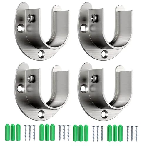 ローゼットロッドサポート ステンレス鋼 U字型 金具 ネジ付き 4個セット クローゼットポールソケット フランジロッドホルダー ハンガーポール シャワーロッド固定用 シルバー 32mm