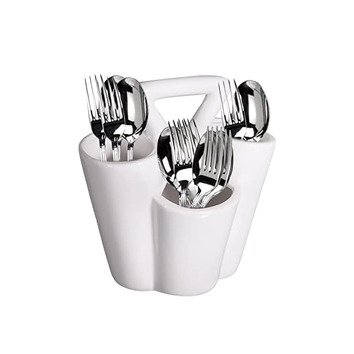 Farmhouse Decor 4 Section Ceramic Silverware Holder - Flatware and Cutlery Caddy - Kitchen Table Organizer (White)