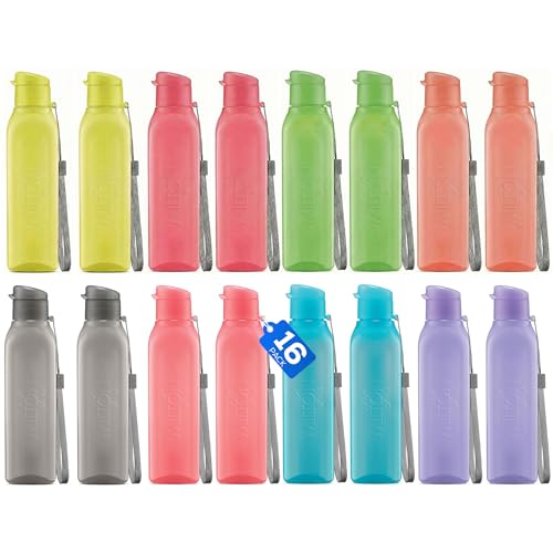 Bulk Water Bottles Set of 16 17oz Multicolor Sports Bottles for Kids and Adults Leak Proof Water Bottles with Carry Strap Square Reusable Bottles for Juice Drinks BPA-Free Dishwasher-Safe