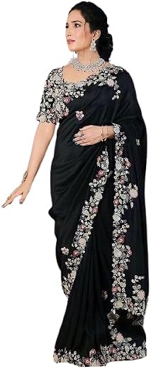 infabzon Womens Saree Bollywood Style Faux Georgette Fabric On Beautiful Sequins Multi Color Embroidery Cording Work