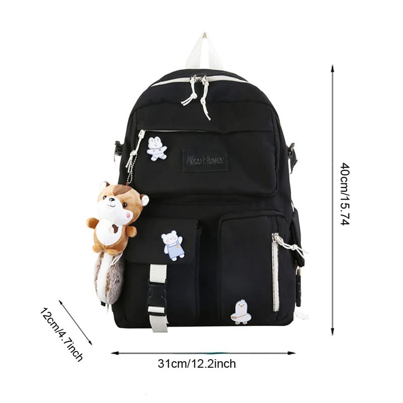 School Backpack for Girls Women Children Kids Backpack School Bag Bookbag with plush toy for Teen Girl Pass CPSC Certified (Black)2