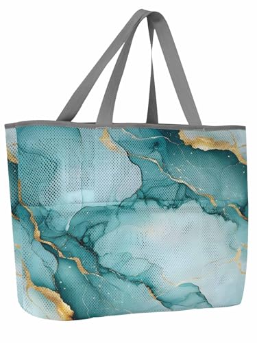 Mesh Beach Bag Oversized Tote Bags for Women Teal Marble Gold Foil Large Travel Pool Bags with 8 Pockets