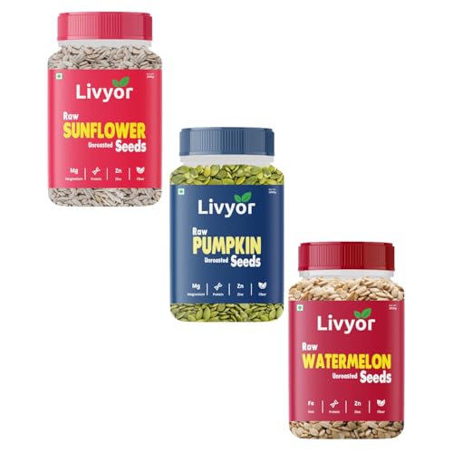 Image of Livyor Raw Seeds Combo for eating 200gx3 | Sunflower Seeds, Pumpkin Seeds, Flax Seeds | Weight management | Healthy and Nutritious | Pack of 3 (600gm)