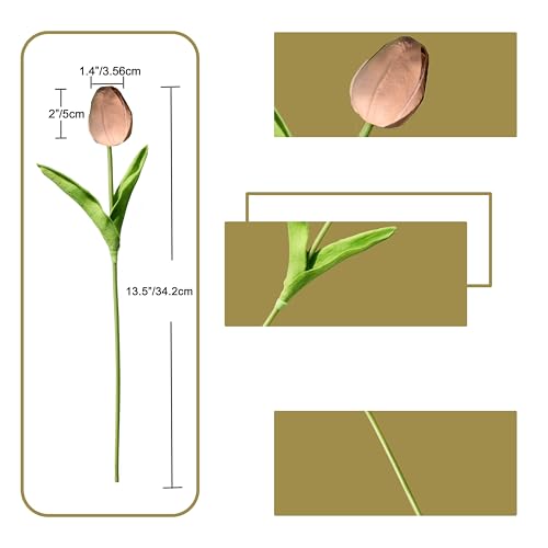 Image of ONLY ART Artificial Brown Tulips 20 Pcs - 13.5 Inch PU Faux Flowers with Bendable Stems for Home Decor, Wedding Centerpieces, DIY Floral Arrangements, New Year and Valentine's Day