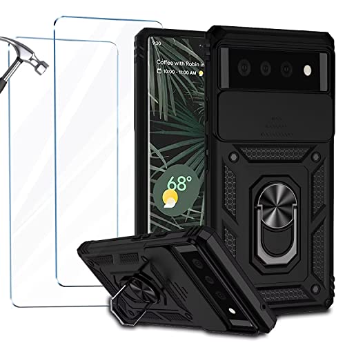 NEINEI Funda para Google Pixel 6a 5G con 2 Vidrio Templado,Funda con Protección de la Cámara,Militar Carcasa Caso con Magnético y Soporte Outdoor Proteccion Case Cover,Negro Cover