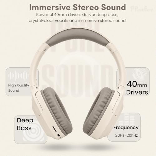Image of PunnkFunnk BeatXtra Lite Premium Wireless Bluetooth Headphones V5.3, Over Ear Stereo Headset with Built-in Microphone, 40mm Drivers, AUX Mode, Comfortable Cushions, Up to 250 Hours Standby (Beige)