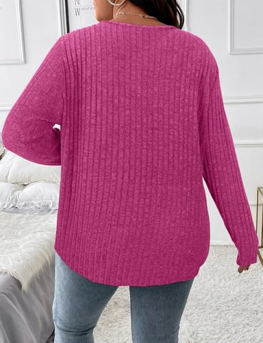 Image of Koscacy Women Plus Size Casual Knit Sweater with Pocket V Neck Solid Color Tops Lightweight Long Sleeve Blouses