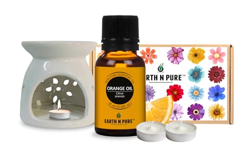 Image of Earth N Pure Ceramic Diffuser Burner with 10Ml Orange Essential Oil | 2 Tea Light Candles | Perfect for Gift Set