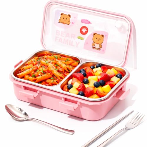 Image of Brand Conquer Lunch Box Leak-Proof BPA Free Stainless Steel for School, Lunch Box for School & Office with a Fork, a Spoon and a Pair of Chopsticks (Pink, Bear Family 2 Compartment)