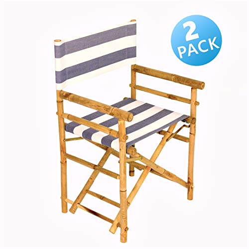 Zew Indoor Outdoor Set Of 2 Folding Bamboo Director Chair, 23" L X 18" W X 35" H, Marine Stripes #TOP6