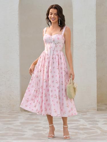 Image of KUTUMAI Floral Corset Midi Dress Flowy Slit Summer Spring Wedding Guest Dresses for Women Sundress with Pockets
