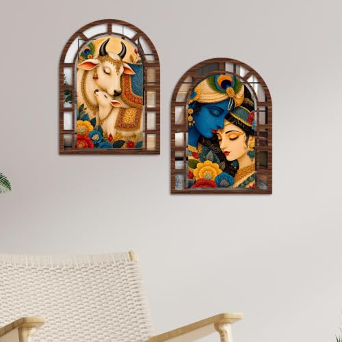 Image of Artvibes Radha Krishna & Kamdhenu Cow Theme Decorative Wall Accent | Arched Jharokha Mirror for Living Room, Bedroom, Hall, Prayer Room, Foyer, Office & Dining Room | Gift (WHJ 12025N), Set of 2