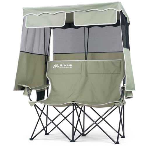 Huskfirm Double Camping Chair with Shade Canopy 2 Person Folding Chair with Canopy Portable Beach Chair Heavy Duty Camping Chair with Two Cup Holders and Side Pocket for Outside Camping,Beach,Sports