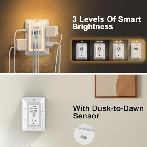 Multi Plug Outlet Surge Protector - Lvetek 3-Sided Power Strip with 5 Outlet Extender and 4 USB Ports(1 USB-C) and Night Light, USB Wall Charger for Home, Office, Travel, ETL Listed, White