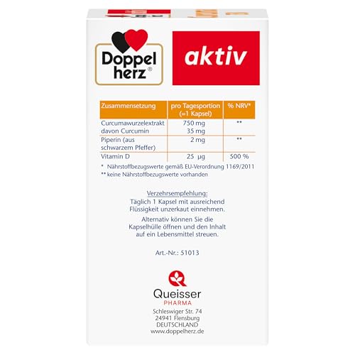 Doppelherz Curcuma 750 mit Curcumin + Vitamin D3 1000 I.E. – Vitamin D unterstützt die normale Funktion des Immunsystems – 60 Kapseln