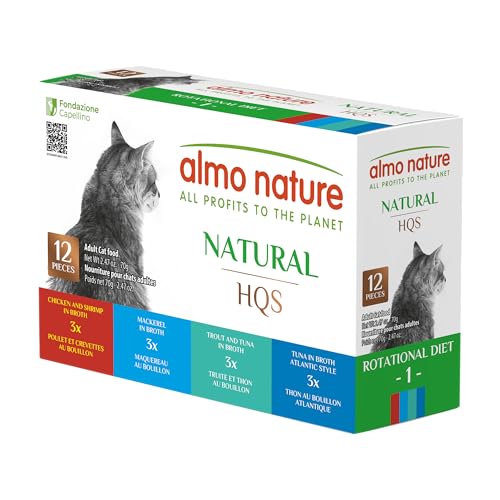 Almo Nature: HQS Natural Cat Pack 2 - (12) 2.47oz Can, Adult Cat Wet Canned Food - 3 Each: Atlantic Tuna, Mackerel, Trout & Tuna, Chicken & Shrimp - Image 2