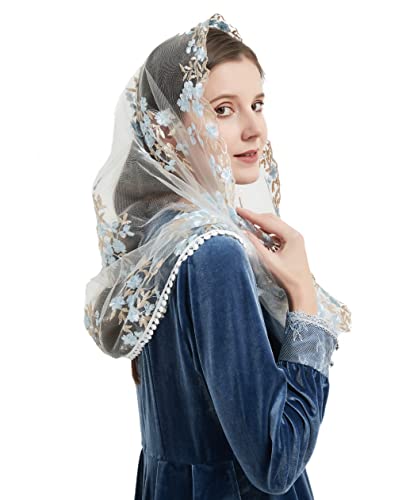 Opiniones de Chapelas para Mujer Top 5. 44 YuRongsxt - Velo capilla de encaje Mantilla Infinity Velo multicolor bordado estilo flor de cerezo latino Mass M7, Marian Blue+Pale Gold, Talla única