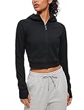 CRZ YOGA Womens Fleece Zip Up Cropped Hoodie Workout Jacket Athletic Casual Long Sleeve Sweatshirts with Thumb Holes Black Medium