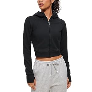 CRZ YOGA Womens Fleece Zip Up Cropped Hoodie Workout Jacket Athletic Casual Long Sleeve Sweatshirts with Thumb Holes
