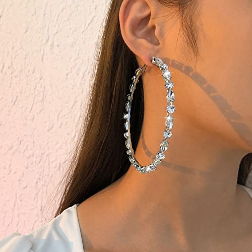 Jumwrit Big Hoop Earrings Sparkle Rhinestone Dangle Earrings Silver Huggie Hoop Earrings Large Circle Earrings Accessories for Women3