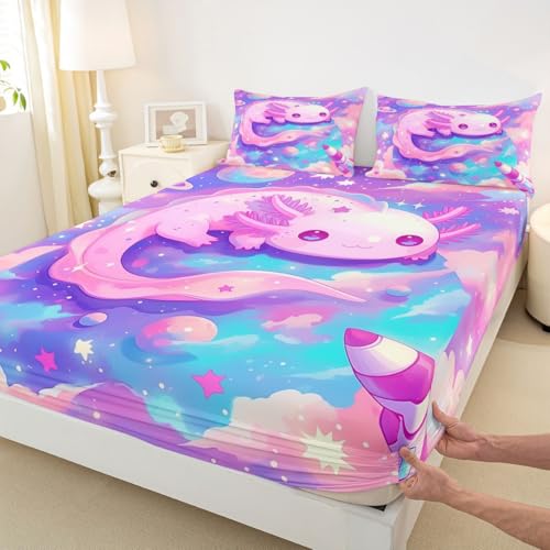 Image of jejeloiu Cute Axolotl Bed Sheets Sets King Size Kids Boys Girls Galaxy Planet Space Bedding Set Cartoon Animal Bed Sheet Set with 16-Inch Deep Pockets Pink Dreamy Starry 4Pcs with 2 Pillow Cases