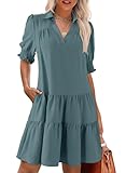 Dokotoo Casual Dresses for Women Lapel Collared V Neck Short Sleeved Pleated 2026 Summer Dress Womens Dresses a Line Black Mini Dress Vacation Outfits for Women Ladies Boho Dress Mineral Blue