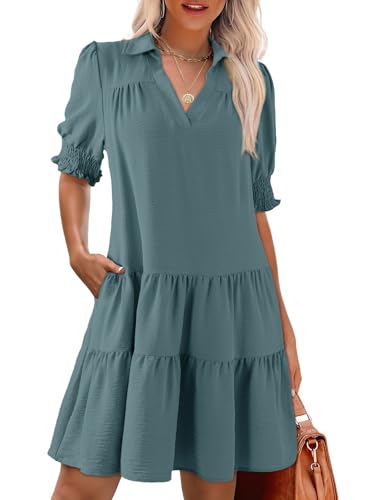 Image of Dokotoo Casual Dresses for Women Lapel Collared V Neck Mid Sleeved Pleated Summer Dresses for Women 2026 Midi Dresses