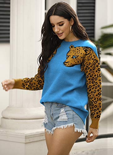 Cresay Women's Leopard Long Sleeve Sweater Crewneck Knitted Tops Pullover2