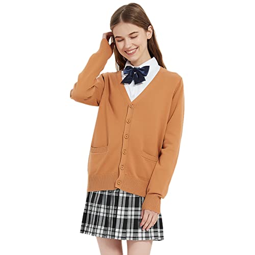 Image of Blostirno Women's Cardigan School Uniform Sweater Cardigans V-Neck Long Sleeve Button Down Knit with Pockets