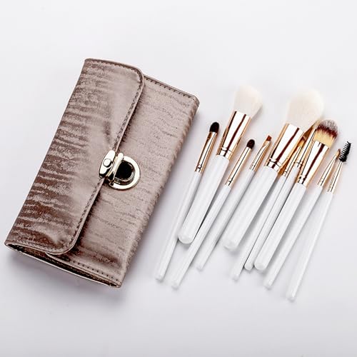 Juego de 10 brochas de maquillaje natural para base, contorno, rubor, resaltado, mezcla de cejas, delineador, corrector, brochas para viajes