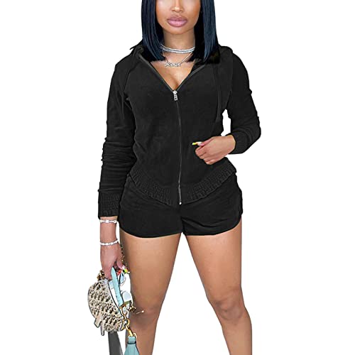 Women's Velour Sweatsuits Outfits Zip Up Hoodies Long Sleeves Shorts Sexy Velvet Tracksuit Workout 2 Piece Set Black #TOP2