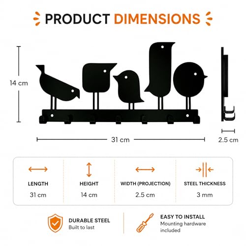 Image of Bird Metal Key Hanger | Heavy Duty Steel Wall-Mounted Key Holder with 7 Hooks | Home Decor Organizer | Stylish Keychain Holder | Decorative Modern Key Rack for Home Entrance, Office