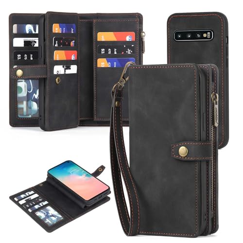 Compatible with Samsung Galaxy S10 Plus Wallet Case Lanyard Wrist Strap Card Holder Multi-Function 2in 1 Detachable Magnetic Accessories Cell Phone Cover for S10+ S10plus 10S Edge S 10 10plus Black