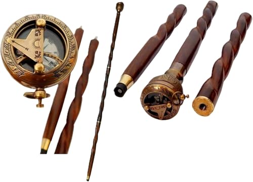 Bastón victoriano artesanal de madera con reloj solar de latón de 36 pulgadas para coleccionistas