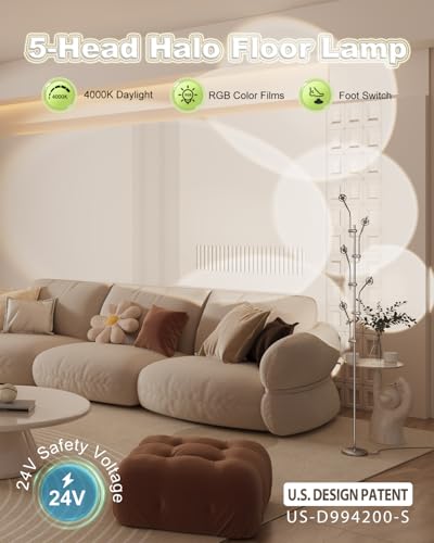Image of TACAHE RGBW Halo Projector Floor Lamp - 4000K LED with Color Filters