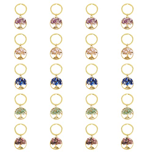 SUPERFINDINGS 20Pcs 5 Styles Tree of Life Keychain Gemstone Keychain Natural Crystal Stone Handmade Keyring Charm for DIY Lucky Bag Charms Keyring