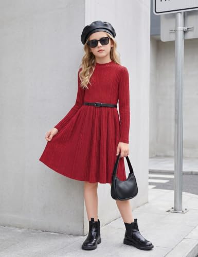 Image of Arshiner Girls Dresses Long Sleeve A Line Knit Sweater Dress with Pockets