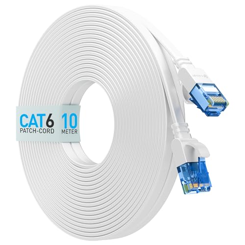 Image of CABLET Cat 6 Ethernet Cable 10 Meter | 100% Pure Copper Flat RJ45 LAN Cable | 1Gbps 250MHz High Speed Internet Cable | UTP Network Patch Cord for Router, Modem & PC | White (10 Meter)