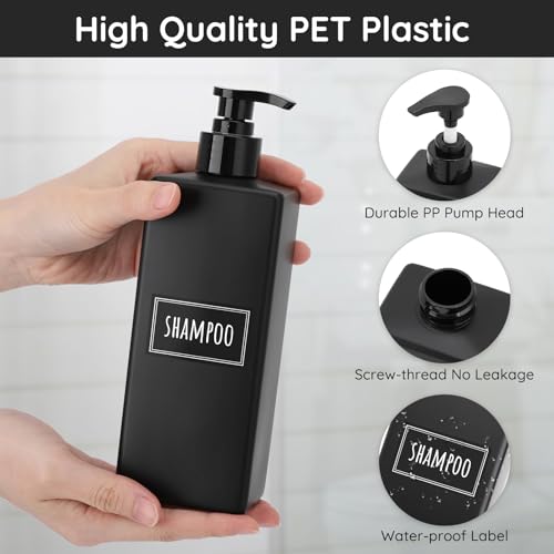 Image of Segbeauty Bathroom Soap Dispenser Set, 4 Pack of 16.9oz Shower Bottles Refillable with Labels, 500ml Plastic Square Matte Black Soap Dispenser Empty Pump Bottles for Shampoo Conditioner Body Soap