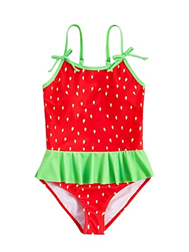 WDIRARA Girl's Strawberry Print Ruffle Hem Swimwear Shoulder Onepiece Swimsuit