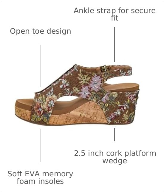 Image of Corkys Footwear Womens Carley Wedges, Featuring Corkys EVA Foam Cushioned Insoles, A 2.5 Inch Heel, Lightweight For All Day Wear, And Hook And Loop Closure