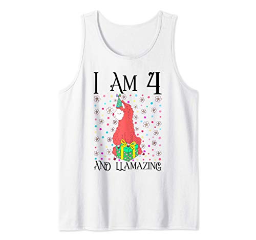 I am 4 and LLamazing Girl Kids 4th Llama Birthday Party Gift Camiseta sin Mangas