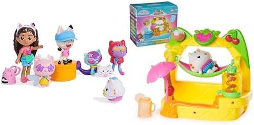 Spin Master Gabby's Dollhouse Travel Figure Set with 5 Cat Toy Figures & Cakey's Fruit Smoothie Balcony Playset with 8-Pcs - Dollhouse Accessories Bundle