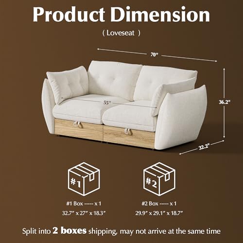 Image of 70 inch Loveseat Sofa with Storage, Cotton and Linen Fabrics Modern Oversized Modular Sectional Cloud Couch with Armrest Pillow, Easy Assembly for Small Spaces, Ivory