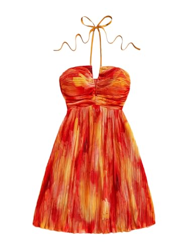 Floerns Women's Tie Dye A Line Flowy Halter Mini Dress Sleeveless Ruched Flare Hem Sundresses